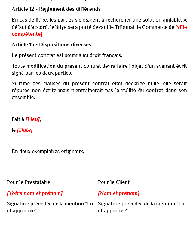 Modèle de contrat de prestations de services